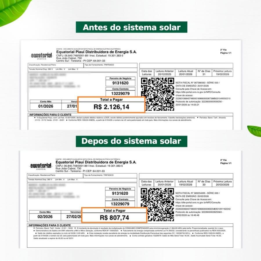 Comparativo de contas de energia: R$ 2.126,14 antes e R$ 807,74 depois da instalação solar pela Estação Solar